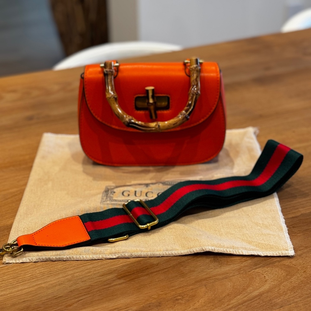 Perfect present! Bamboo Top Handle Bag Leather Mini Orange
